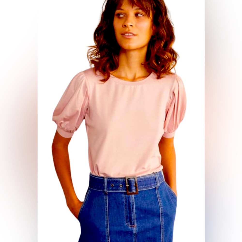 Boden Womens Holly Top Size 6 Blush Pink Short Puff Sleeves Jersey Knit Stretch